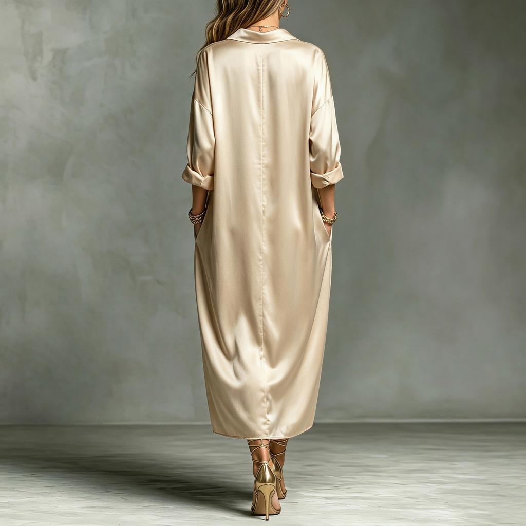 Women Satin Long Sleeve Shirt Dress V Neck Loose Fit Midi Dress with Pockets Casual Elegant Silky Fabric