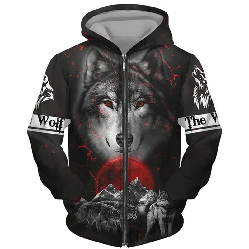 Felpa con cappuccio con cerniera stampata serie lupo 3D primavera autunno uomo donna coppia felpa con cappuccio giacca giacca casual moda