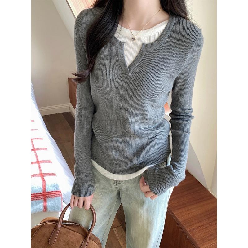 

Светло-голубой сшитый трикотажный свитер-двойка женский весенний контрастный топ с длинным рукавом базовая рубашка XL серый