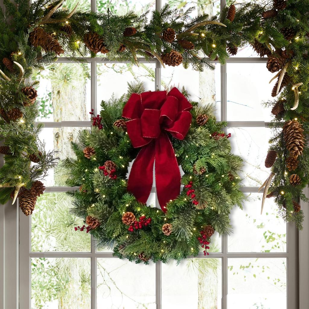 Pre-Lit Artificial Christmas Wreath,  Artificial Christmas Garland For Front Door With Red Bow, Cones, Red Berries,  LED Lights For Christmas Deco
