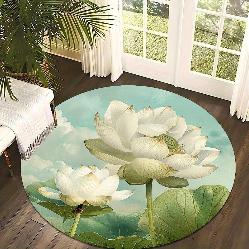 Serene Lotus Theme Flannel-printed round floor mats are slip-resistant Suitable for living room bedroom terrace garden carpets