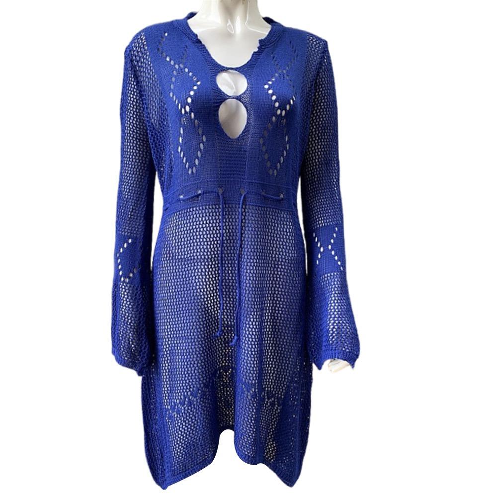 Fashion V Neck Summer Sunscreen Smock Knitted Hollow Out Swimsuit Cover Up Dress Loose Bathing Suit Swim Dress for Women