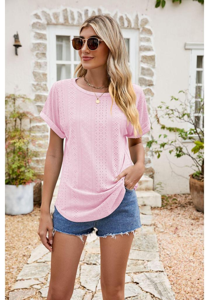 2024 Summer Women's Eyelet Hollow-Out Round Neck Short Sleeve Casual T-shirt