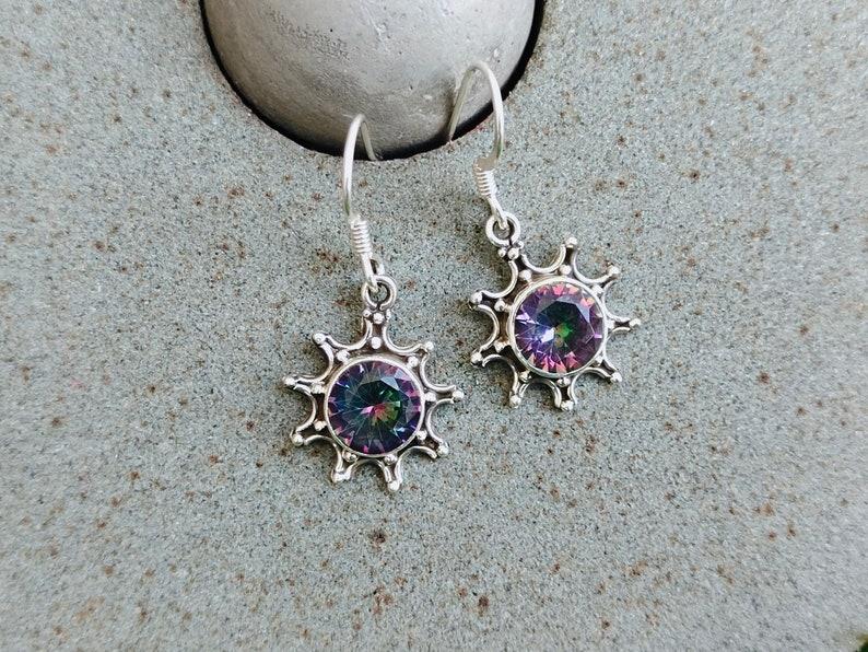 Mystic Topaz Gemstone Women Dangle Earring, Solid 925 Sterling Silver Birthstone Gift Round Shape Earring