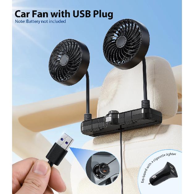 

Eary Dual Head Car Cooling Fan With USB Plug Car Front Rear Seat Headrest Fans for Sedan Suv RV Truck Car Back Seat Fan for Kids Plug-in