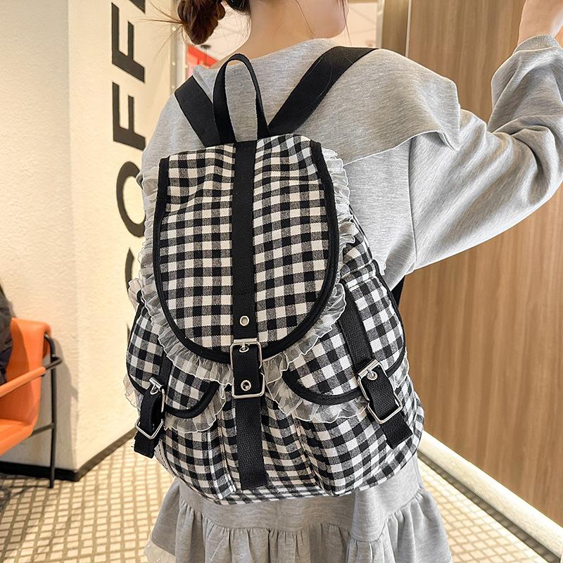 College Style Schoolbag for Female Junior High School Students Black and White Plaid Lace Backpack Large Capacity High School Student Backpack Tide