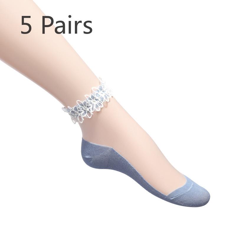 

5 пар женских весенне-летних кружевных носков из сетки, однотонных, тонких, невидимых, дышащих, из хрустального шелка, коротких 5 Pairs озеро синий