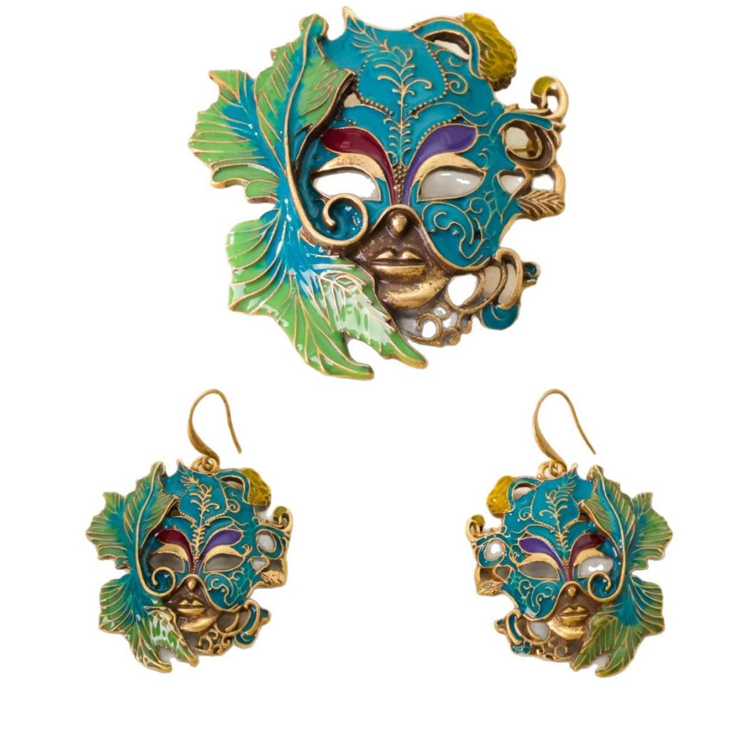 Qingdao Mittelalterlicher Vintage Dreidimensionales Relief Emaille Maske Brosche Ohrringe Retro Hofstil Maske