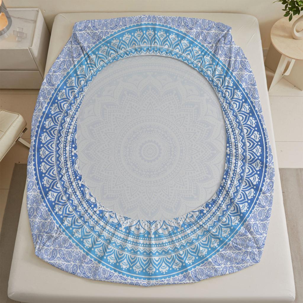 1pc Blue Bohemian Style Printed Fitted Sheet 100% Polyester Durable Bedding Set Sheet for Home Bedroom Decoration Birthday Gift
