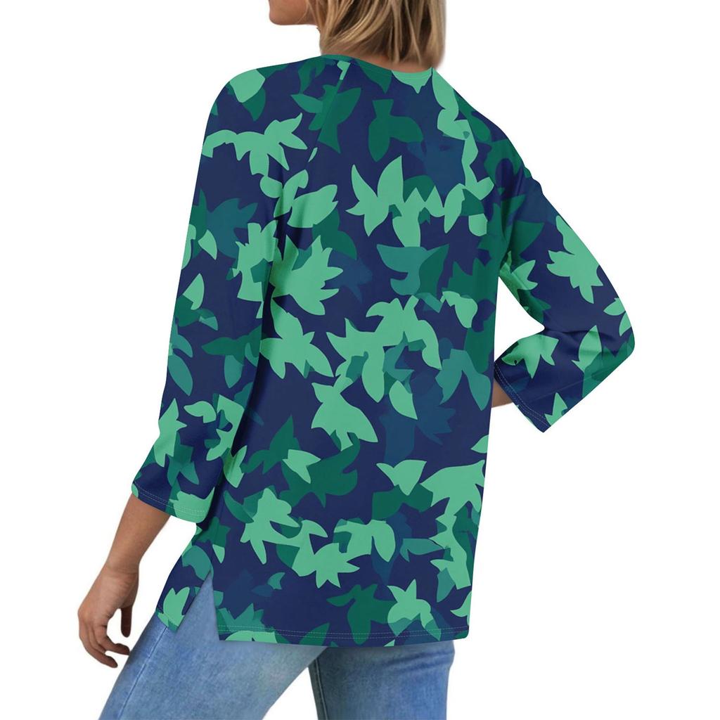 Moda Casual da Donna Scollo a V Ampia Versatile Stampa Floreale Maniche a Tre Quarti