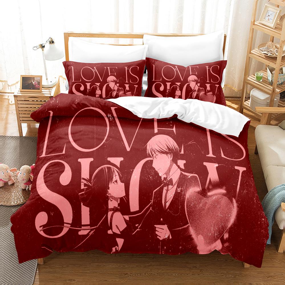 Kaguya Sama Love Is War Bedding Set 3PCS Kaguya Shinomiya Maid Outfit Red Heart Background Anime Print Duvet Cover All Sizes