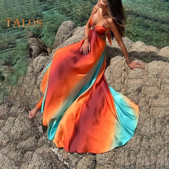 Letnia sukienka plażowa z niskim wycięciem, odkrytymi plecami, bez rękawów, ażurowa, wakacyjna sukienka slip, sukienka maxi A-line w kontrastowym kolorze