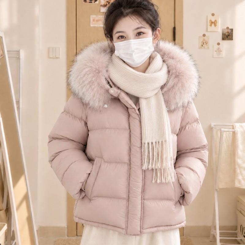 Womens Short Puffer Jacket With Large Raccoon Fur Collar Hooded 90% White Duck Down Winter Coat Small Stature