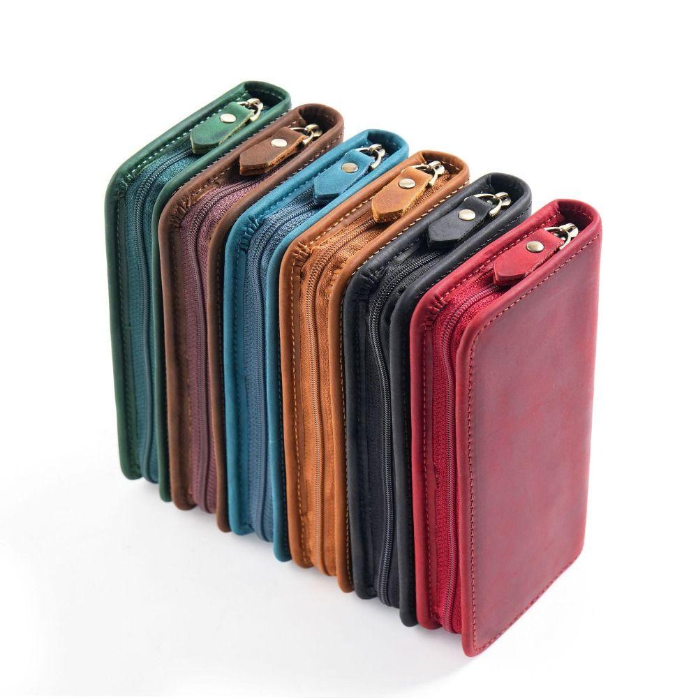 Top Layer of Cowhide Cowhide Pen Case Zipper Closure Card Holder Cowhide Pen Bag Large Capacity Vintage Pen Pouch