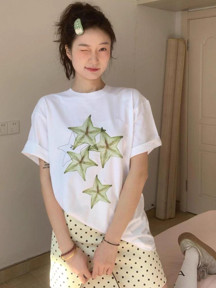 Women's Chic Starfruit Print White Pure Cotton Short Sleeve T-Shirt - 2026 Summer Collection