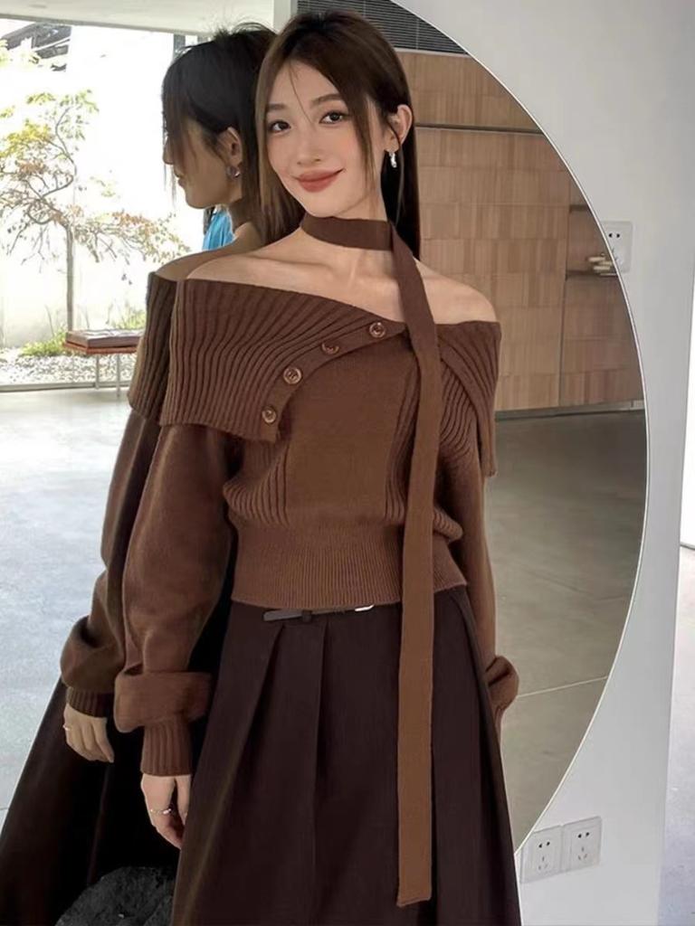 Off Shoulder Sexy Knitted Sweater Women French Lapels Elegant Warm Sweater Tops Autumn Winter Fashion Loose Patchwork Pullover New