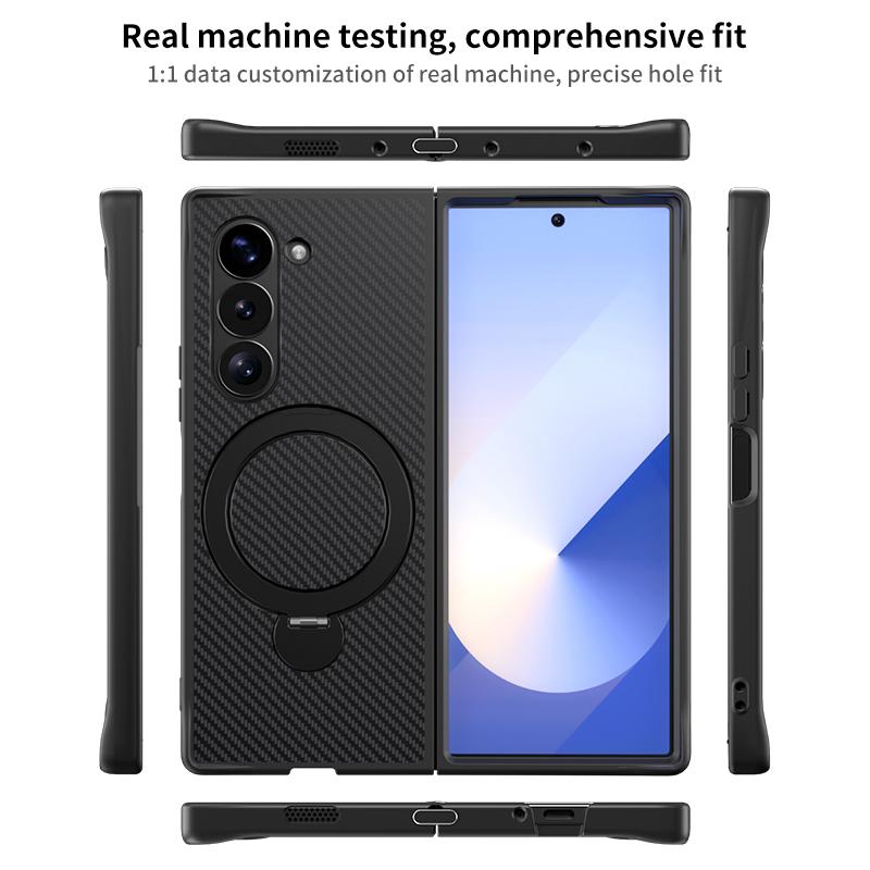 Carbon Fiber Leather Rotating Ring Bracket Phone Case for Samsung Galaxy Z Fold 6 5 4 Fold6 Fold5 Fold Protective Cover