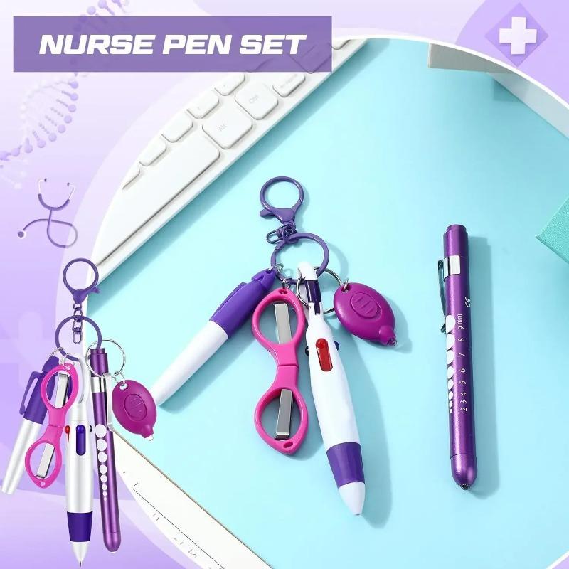 Set Penna a Sfera Retrattile Multifunzione 6 in 1 Torcia Forbici Pieghevoli Portachiavi Penne per Infermieri Pennarello Indelebile
