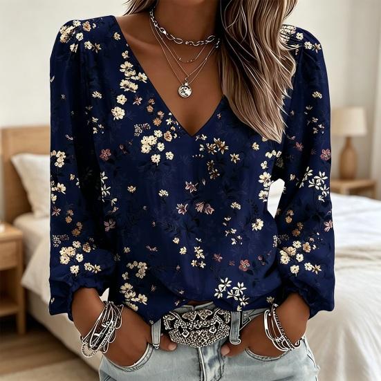 Yousheng Women Tops Retro Floral Print Puff Long Sleeve Shirt V-neck Loose Fit Casual Blouse Breathable Daily Wear