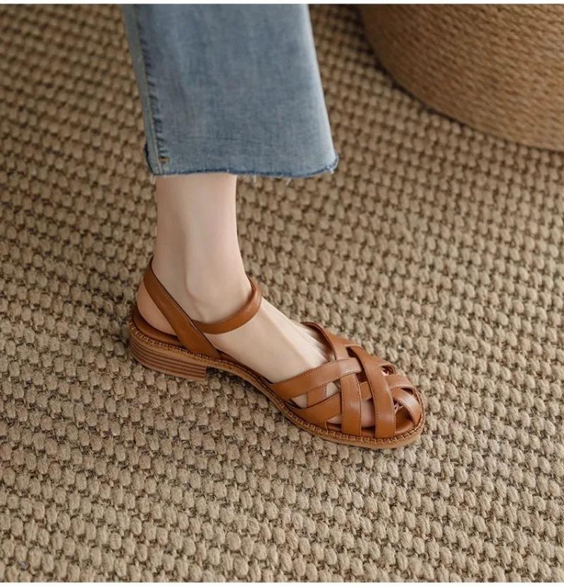 Fashion 2024 High Quality Shoes Female Summer Women's Sandals One-word Buckle Closed Toe Solid Chunky Heels Dress Daily Sandals Women