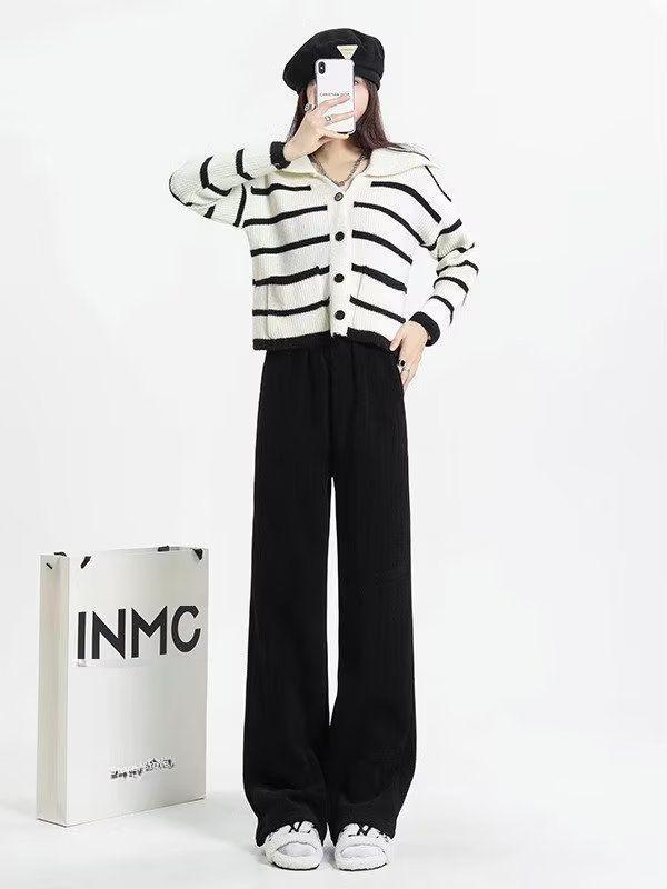 Women's High Waist White Chenille Wide-Leg Pants with Wheat Ear Pattern, Velvet Lined for Spring, Autumn, and Winter 2023.