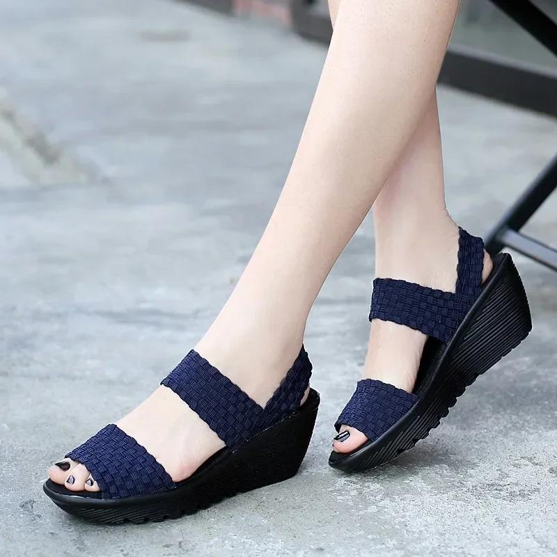 Keilabsatz-Plateau-Websandalen Mode Peep Toe Bequem Atmungsaktiv Mama-Schuhe Damen Casual Dicke Sohle Sandalias Mujer 2024