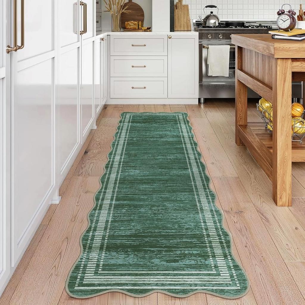 Green Kitchen Carpet Small Fresh Plant Flower Print Runner Fashion Minimalist Machine Washable Foldable Non-Slip Corridor Mat