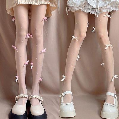 Mu Ruan Women's Summer White Stockings with Bow and Pearl Design - Lolita Style Pantyhose