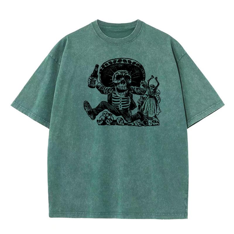 Family Youth Washed T Shirt Funny Skeleton Outdoor Tees Pure Cotton Short Sleeve Printed Washed Tee Shirt O Neck