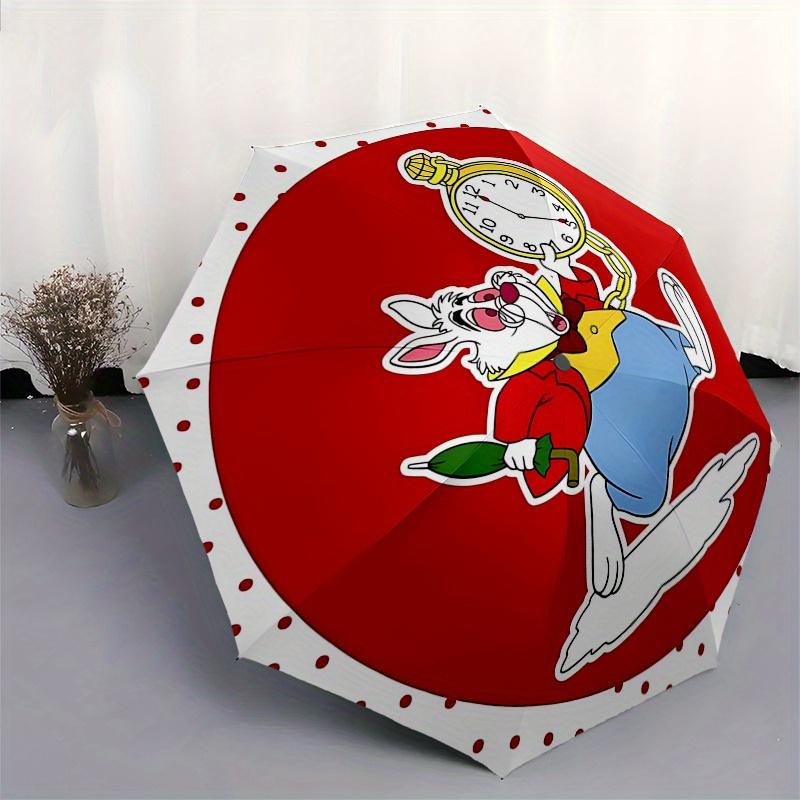 Disney White Rabbit, Pocket Watch Automatic Open/Close Fashion umbrella - Cute Umbrella with Cute Design, Portable 3-Fold Compact Umbrella f