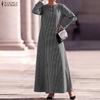 Oversized Dames Gestreept Lange Mouwen Maxi Jurk Knoopsteek Vintage Elegante Lange Hemdjurk