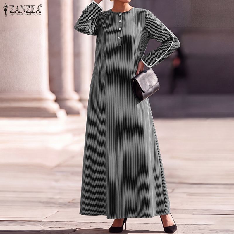 ZANZEA Oversized Dames Gestreept Lange Mouwen Maxi Jurk Knoopsteek Vintage Elegante Lange Hemdjurk