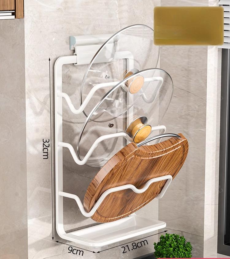 Kitchen Anti-fall Wall Mounted Pot Lid Rack Stand Aluminum Pan Cover Holder Cutting Board Storage Shelf Punch-free Drain Holder