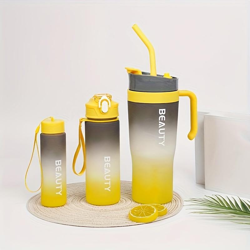 3ks Ledový pohár, Matná slámka s gradientním zbarvením, Plastový kelímek na vodu s dvojitým pitím, Velkokapacitní kelímek do auta s uchem