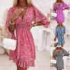 Boho Floral Print Midi Dress, Women's Summer High Waist Short Sleeve Crew Neck Casual Dress