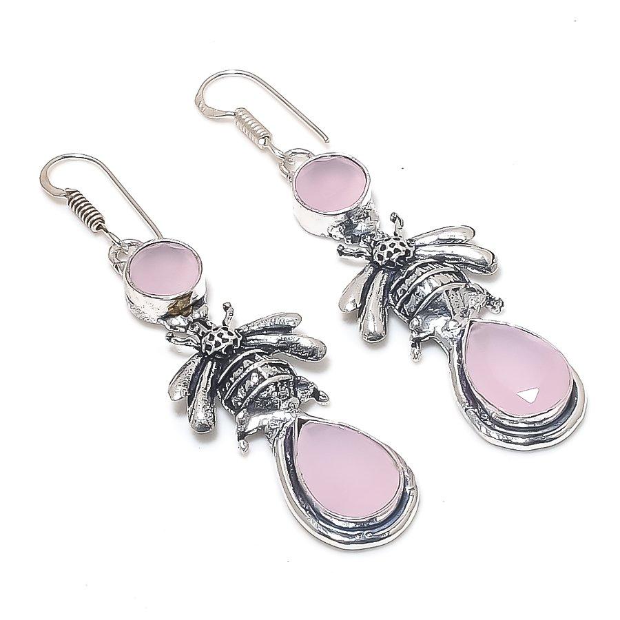 

Natural Pink Chalcedony Gemstone Handmade 925 Sterling Silver Earring 2.56 E7H84