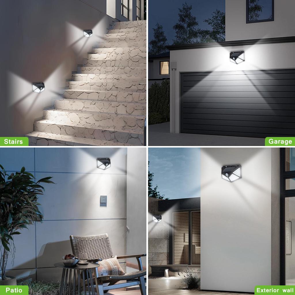 100 de lumini solare cu LED-uri cu senzor de mișcare PIR, grădină, curte, 4 laturi, luminoasă, impermeabilă, lumina soarelui.