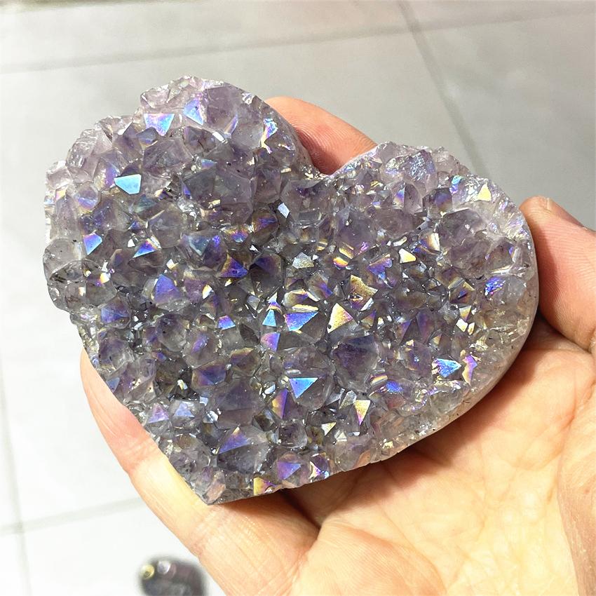 1pcs Amethyst Geode Heart Shaped Crystal Healing Crystals Stones Titanium Rainbow Aura Amethyst Cluster Angel Aura Quartz