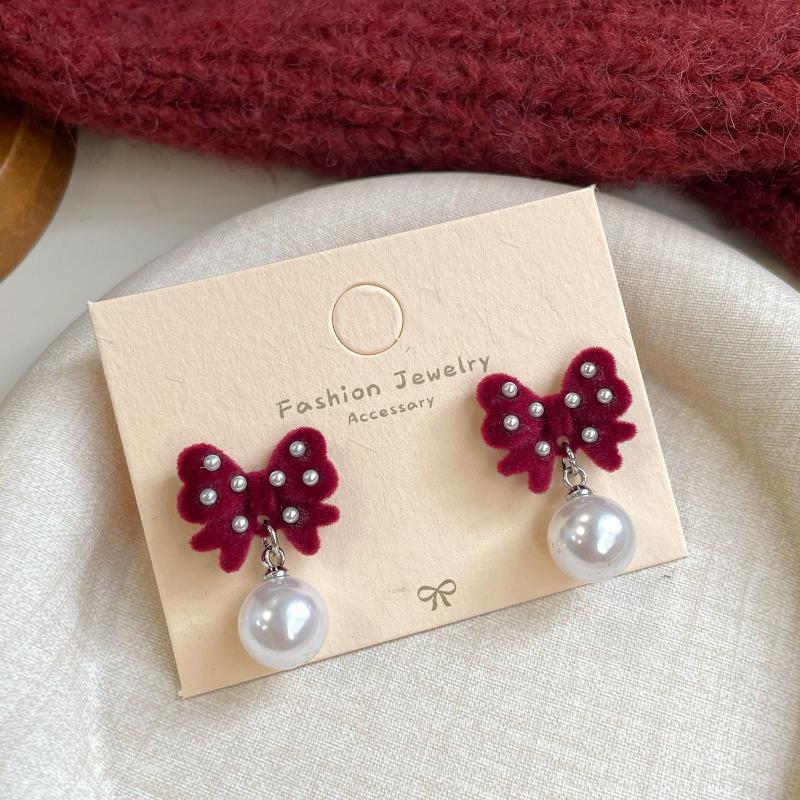 Cute Red Bow Flocking Earrings Simple Elegant Exquisite Sweet Festive Earrings Ear Studs Jewelry Accessories New Year Gifts