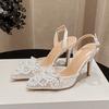 Summer Fashion White Pearl Designer Sandals Women Pumps Hollow Out Mesh Pointed Toe Mules High Heels Wedding Prom Shoes