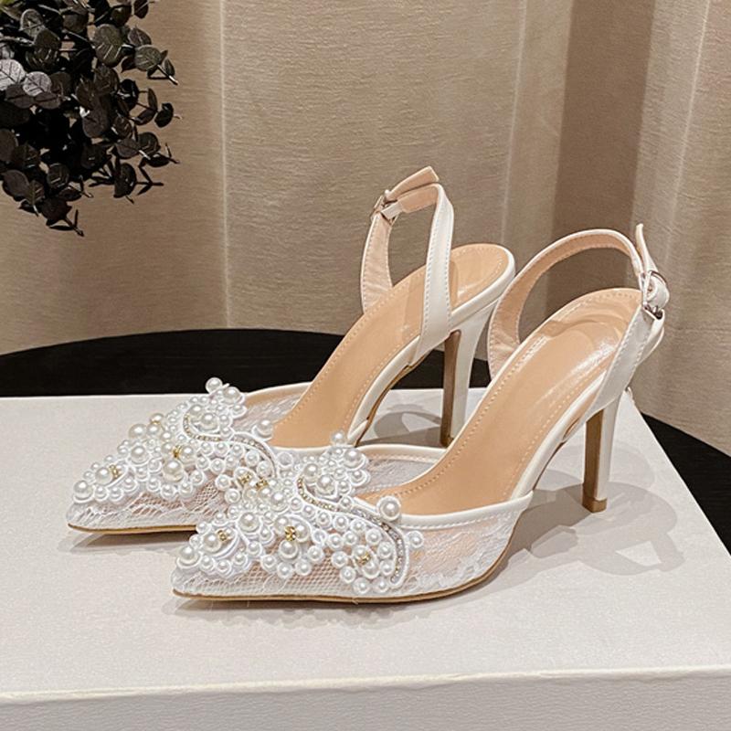 Summer Fashion White Pearl Designer Sandals Women Pumps Hollow Out Mesh Pointed Toe Mules High Heels Wedding Prom Shoes