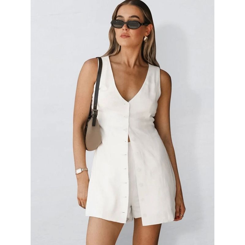 

Sleeveless Vest Shorts Casual Set Pure Color Sleeveless Vest Shorts Casual Suit White L