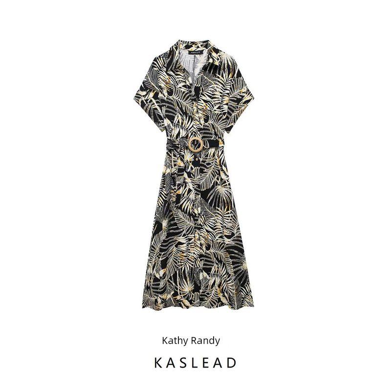 Kaslead New Arrival Women's Clothing Fashion Style Linen Blend Tropical Style Print Dress 1165116