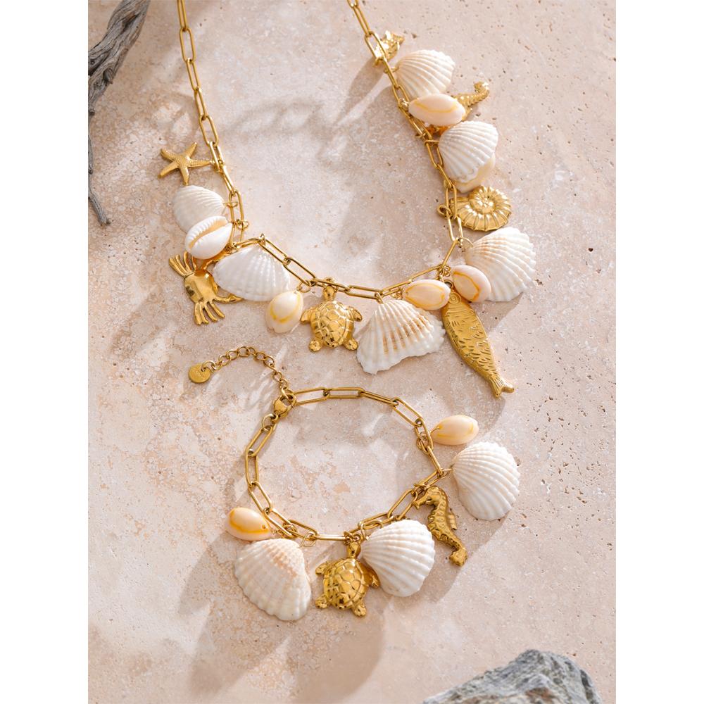 Yhpup Ocean Style Shell Conch Fish Pendant Charm Necklace Summer Stainless Steel Holiday Beach Wear Handmade Jewelry Waterproof