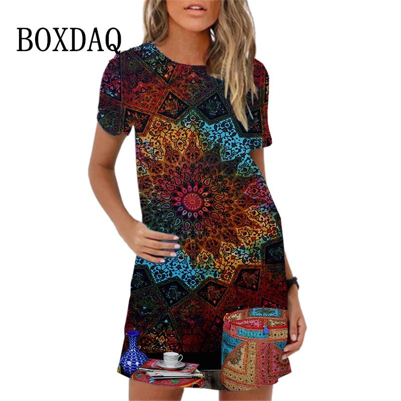 Colorful Feather Pattern Women Dress New Spring Summer Clothing Fashion Elegant Short Sleeve O-Neck Gradient Print Dresses