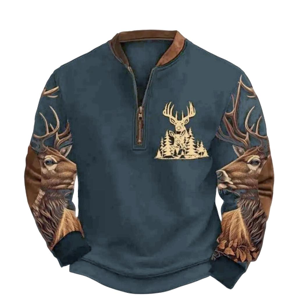 Men's Casual, Trendy, Retro American- Printed Round-neck Long-sleeved Half-pull Hoodie