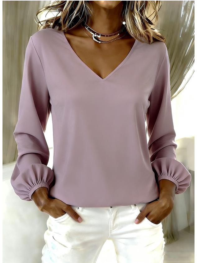 2026 Women's Casual Loose V-neck Solid Color Long Sleeve Fashion Pullover Top