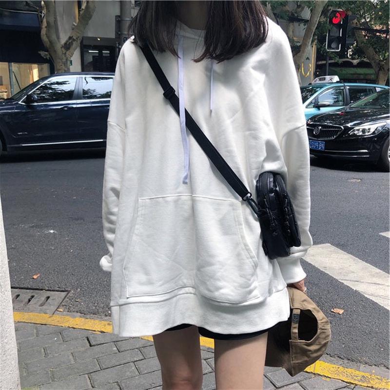 2025 Autumn Women's Korean Style Thin Long Sleeve Hoodie - Solid Color, Versatile, Mid-Length, Loose Fit.