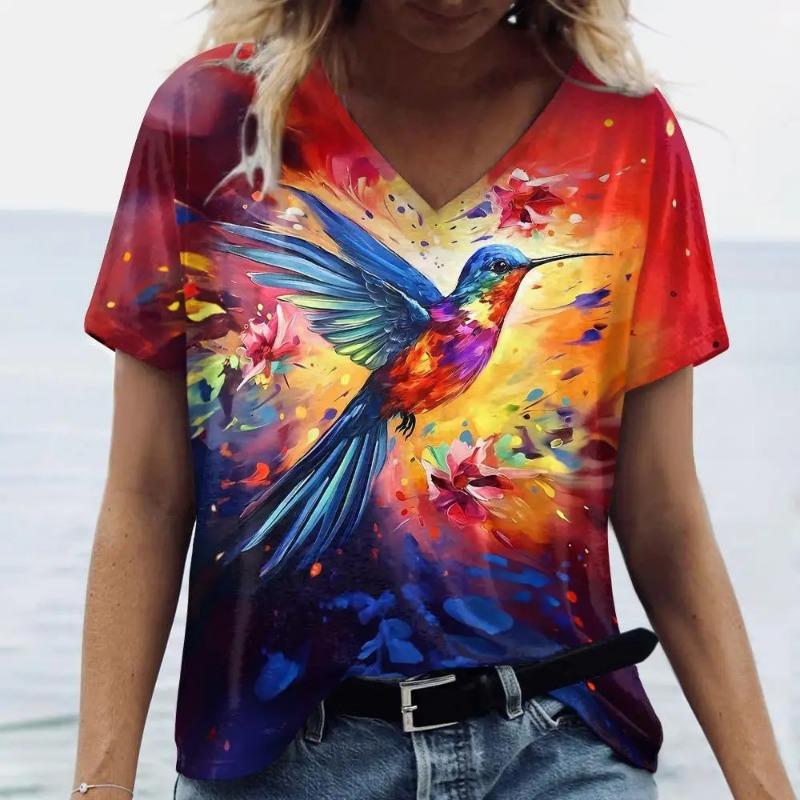 plus size 7XL Ladies' V-neck T-shirt 3D Printed Fashion Trend Bird Cat Dog Animal Print Short Sleeved Clothing Breathable Top T-Shirts Women’s