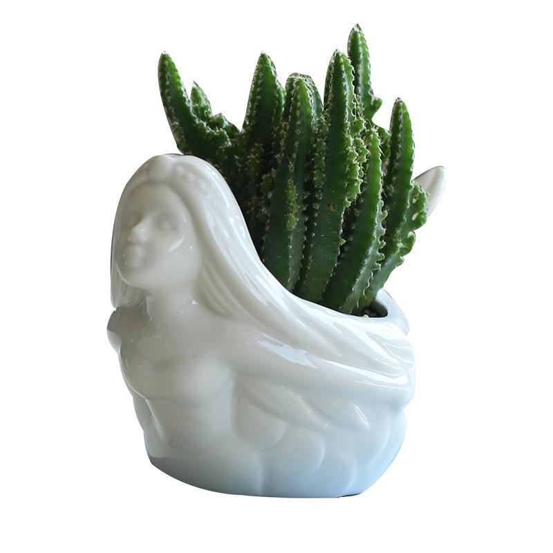 Tegneserie Søt Havfrue Keramisk Sukkulentpotte Hvit Blomsterpotte Planter Skrivebordspynt Kreativ Vase Hjemmedekor Plantepotte Hagedekorasjon